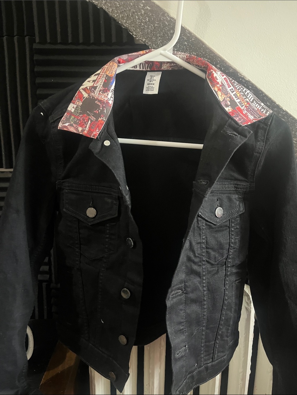Black Denim Jacket with Red Graphic Collar